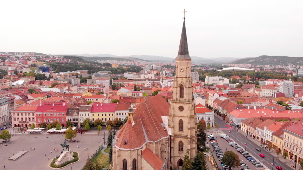 Aerial footage over church medieval tower in Romania