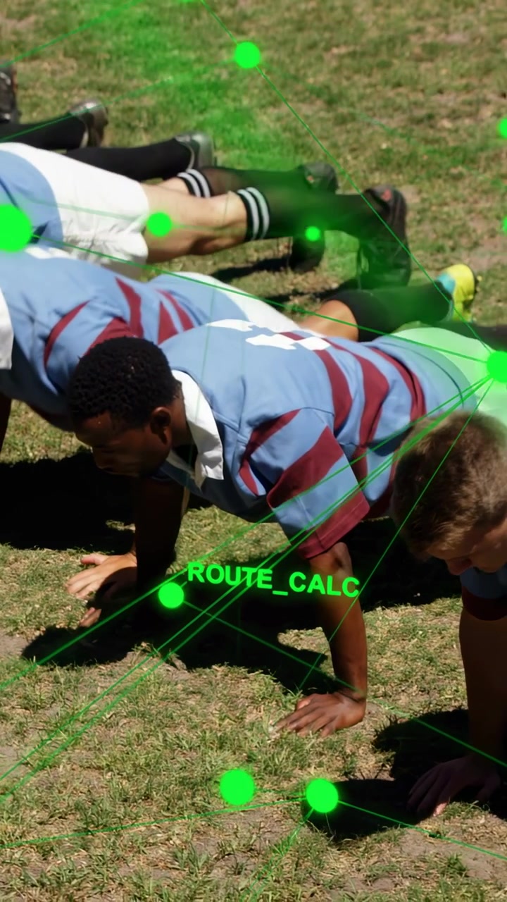 Vertikal video: Rugbyhold presser op ved øvelsesstart ROUTE_CALC AR-sporing af led til træning