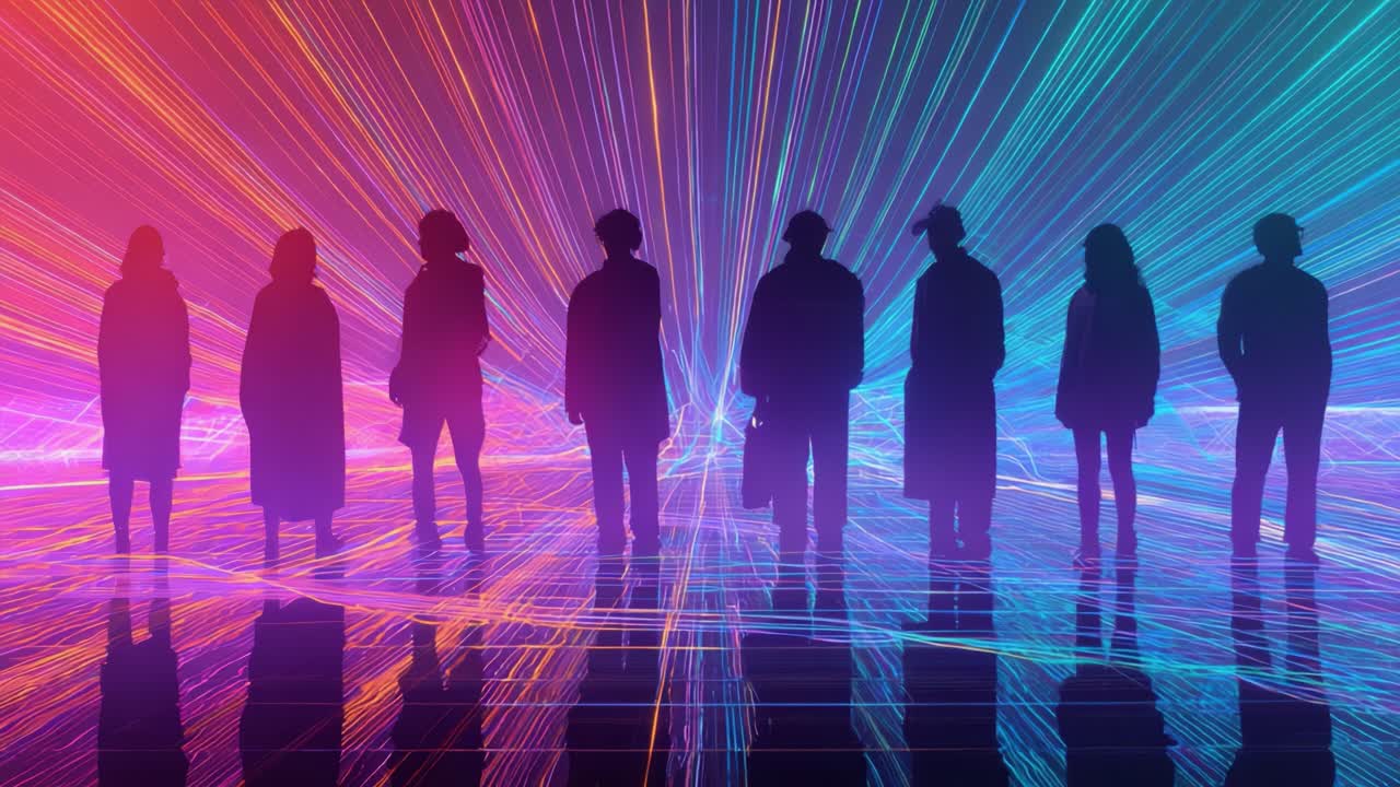 A group of shadowy figures stands in a dazzling light display, depicting vibrant rays of color emanating from behind them, creating an ethereal atmosphere that captures the imagination