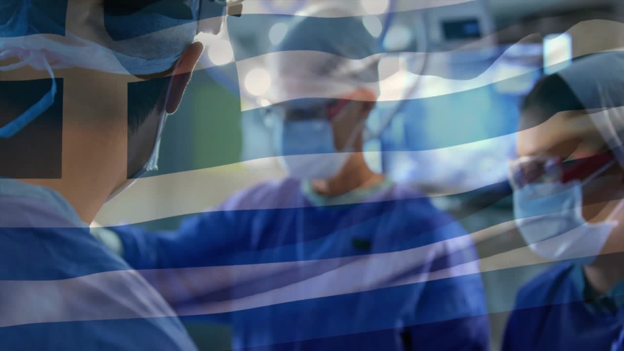 Bandiera greca che si dispiega, mostrando una sala operatoria con un'équipe chirurgica che esegue incisioni e suture.