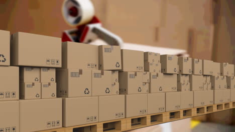animación de cajas de cartón que se mueven en cinta transportadora sobre el almacén