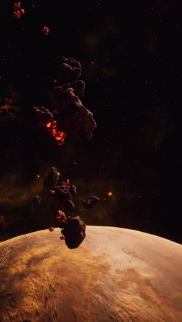 burning asteroids falling towards a red planet