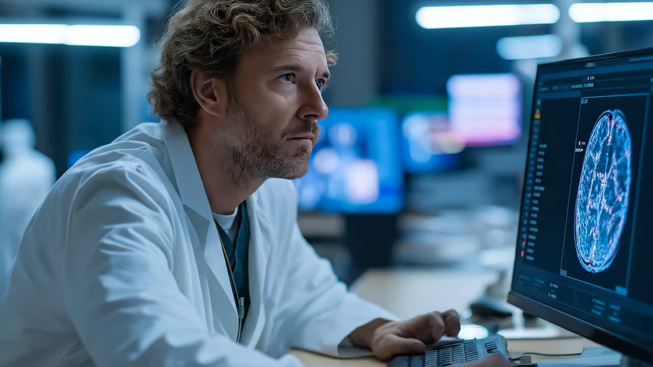 doctor analyzing brain scan on computer monitor