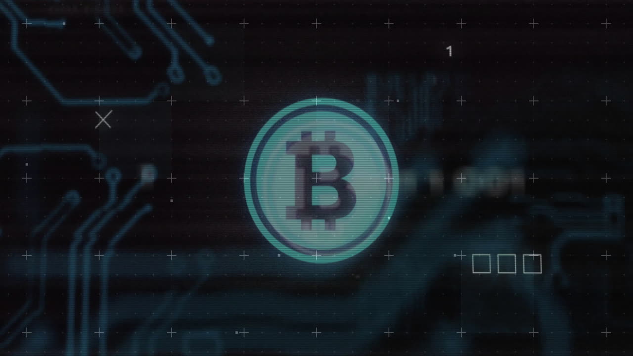 Bitcoin symbol with animation over digital network, binary code, circuit patterns