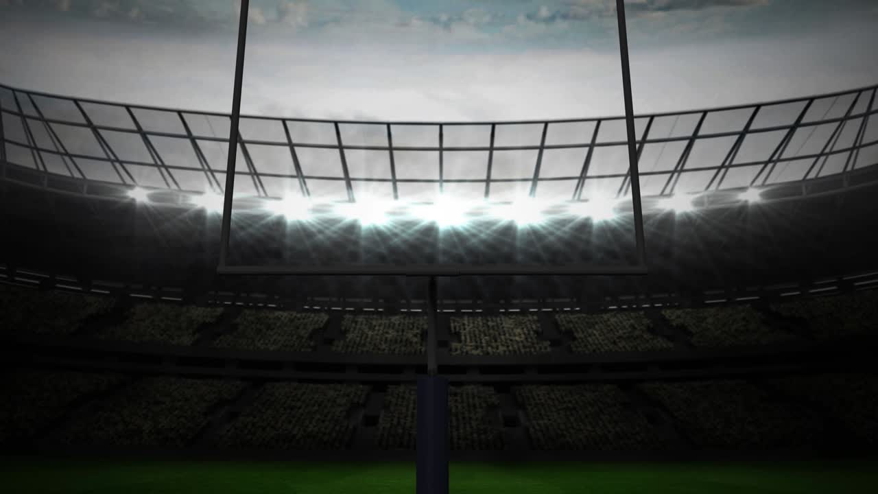 animación de los postes de fútbol americano y el cielo nublado en el estadio iluminado
