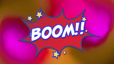 animación del boom de texto en la explosión roja, sobre el desenfoque rosa brillante y naranja