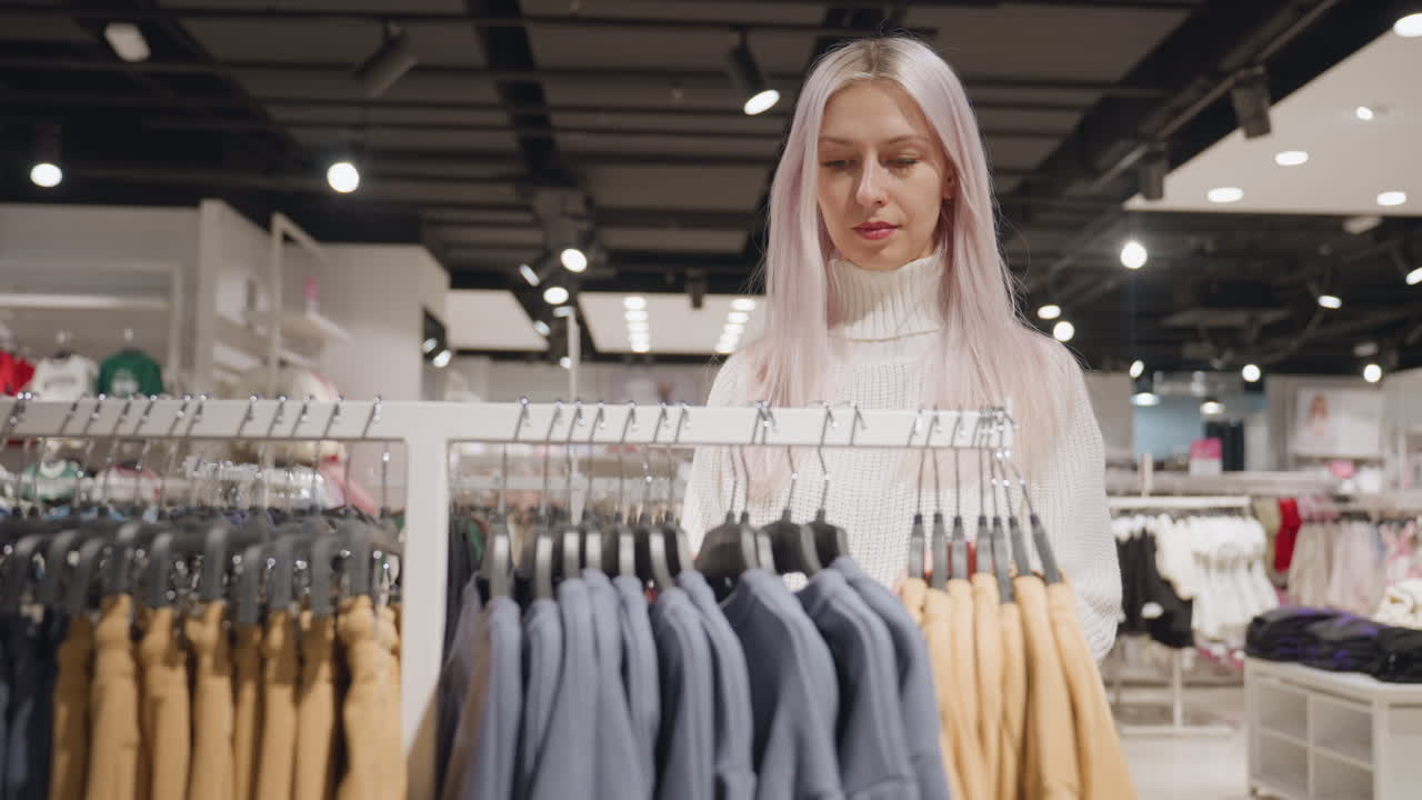 Mindful shopper in cozy knit sweater navigates lit store aisle under spotlights, pauses at rack of vibrant polos, brushing hangers, comparing hues and fabric before choosing ideal wardrobe piece
