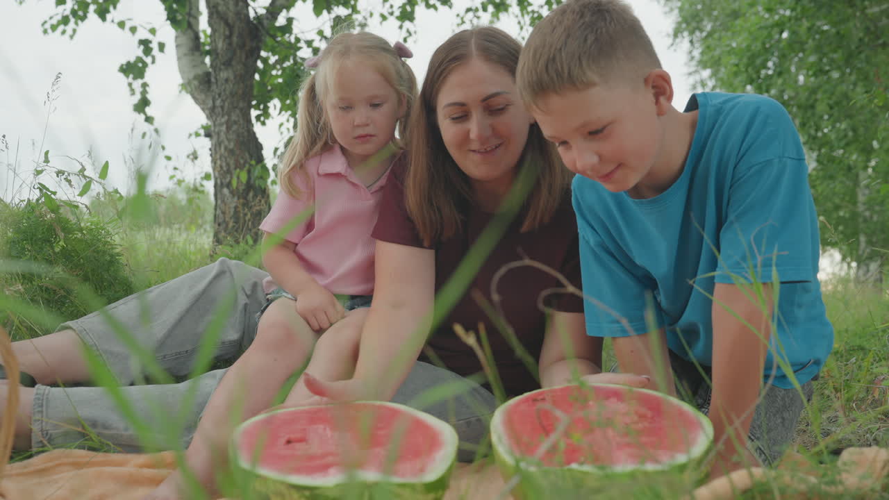 Picnic di una famiglia bianca all'aperto mentre taglia un'anguria sotto una betulla; la madre guida il figlio e la figlia mentre aprono una grande anguria matura su una coperta in un prato, sorrisi sinceri, succo e semi appiccicosi, delicato