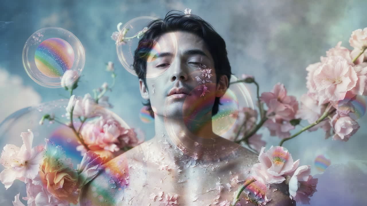 Dreamlike Portrait of a Man Adorned with Cherry Blossoms and Rainbow Bubbles