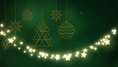 Animation-of-gold-baubles-christmas-decoration-with-glowing-fairy-lights-on-green-background