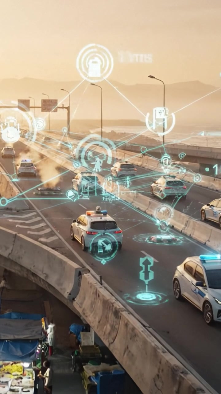 Gestione del traffico urbano con connettività intelligente: una rappresentazione visiva di veicoli che navigano sull'autostrada digitale in un contesto di città moderna