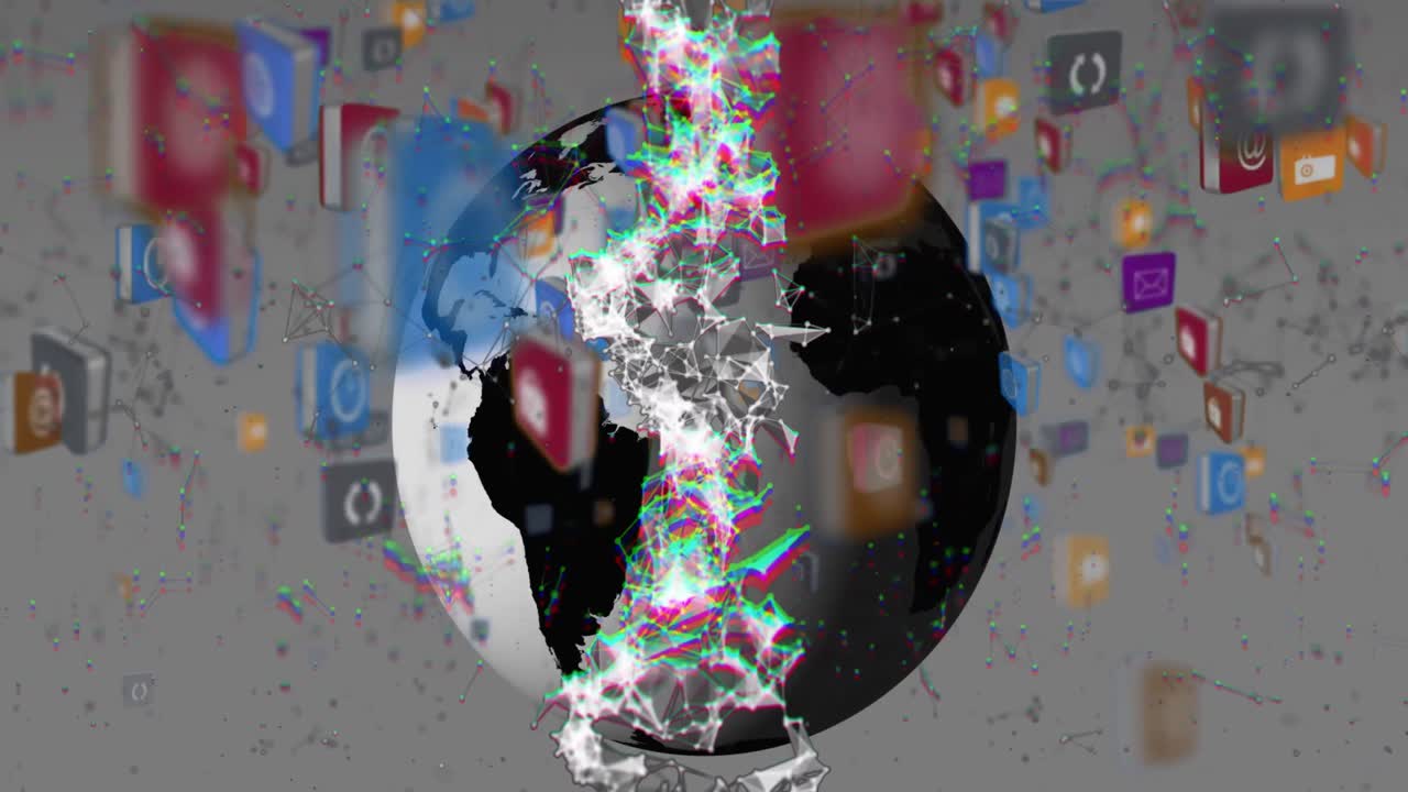 회색 배경 위에 지구, 세계 지도, dna 및 기술 아이콘의 애니메이션