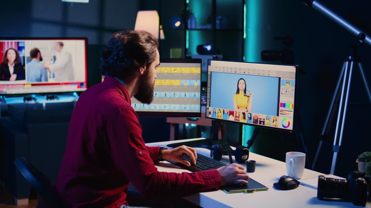 editor de fotos que corrige el color de las fotografías en un estudio creativo utilizando una tableta gráfica,