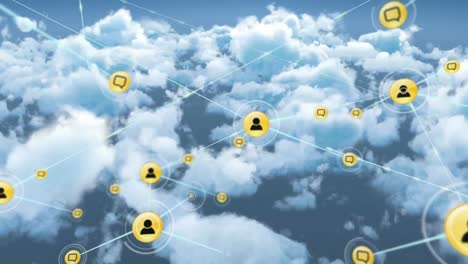 animación de redes de conexiones con iconos en el cielo