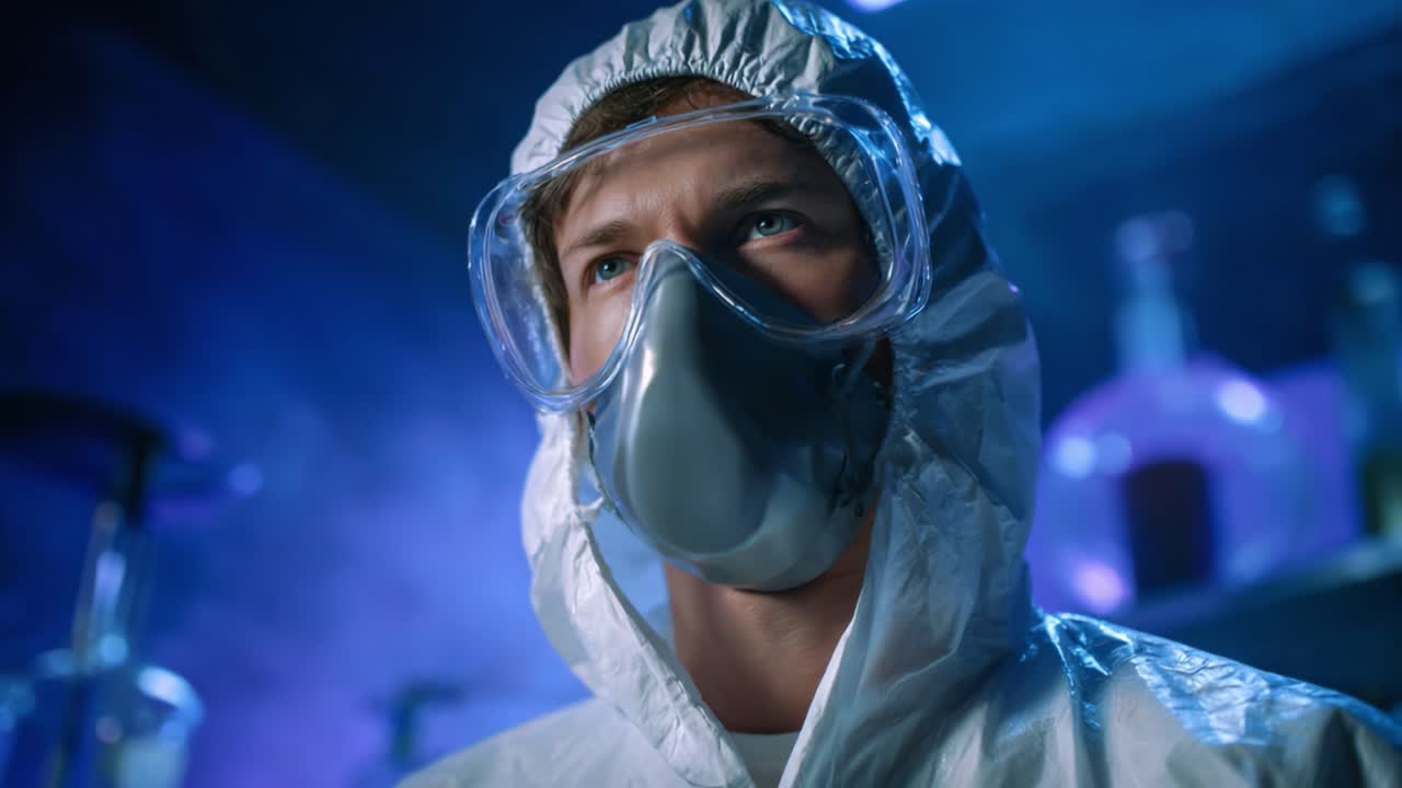 A scientist in protective gear examines experiments in a laboratory, showcasing safety measures and the importance of protective equipment in scientific research