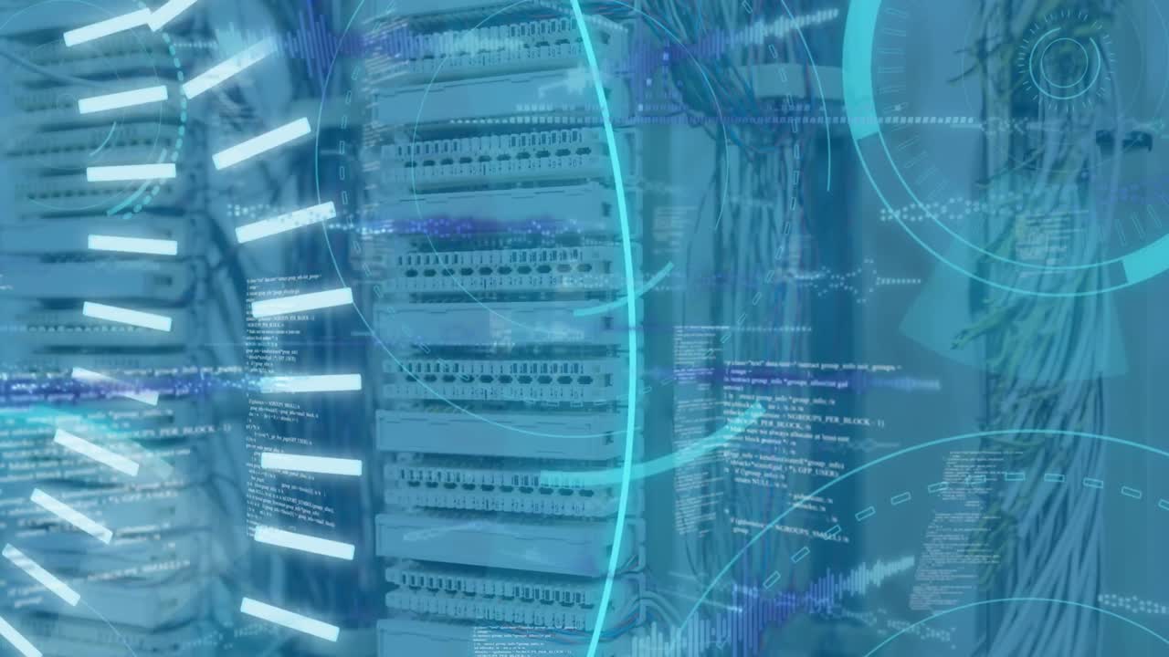 animación de texto 5g, círculos, ondas sonoras, radar, base de datos sobre el equipo de almacenamiento en la sala del servidor.