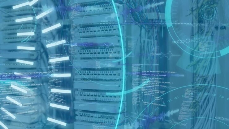 Animation of 5g text, circles, soundwaves, radar, database over storage equipment in server room