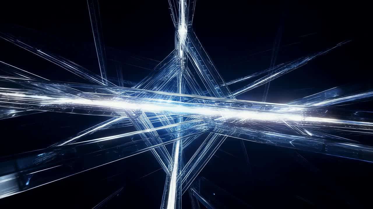 Rotating central crystal lattice bending light in void, white blue core moving along rods glinting