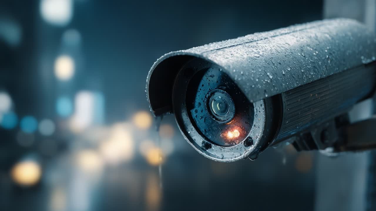 Surveillance Camera Capturing a Rainy Night Scene with an Urban Background, Emphasizing Security and Monitoring in Modern Environments