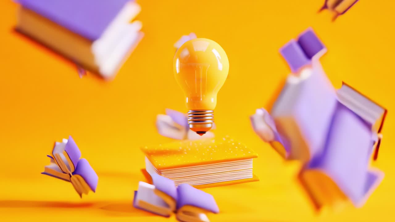 A Creative Visualization of Knowledge: A Light Bulb Surrounded by Flying Books Against a Vibrant Orange Background, Representing Ideas, Learning, and Innovation