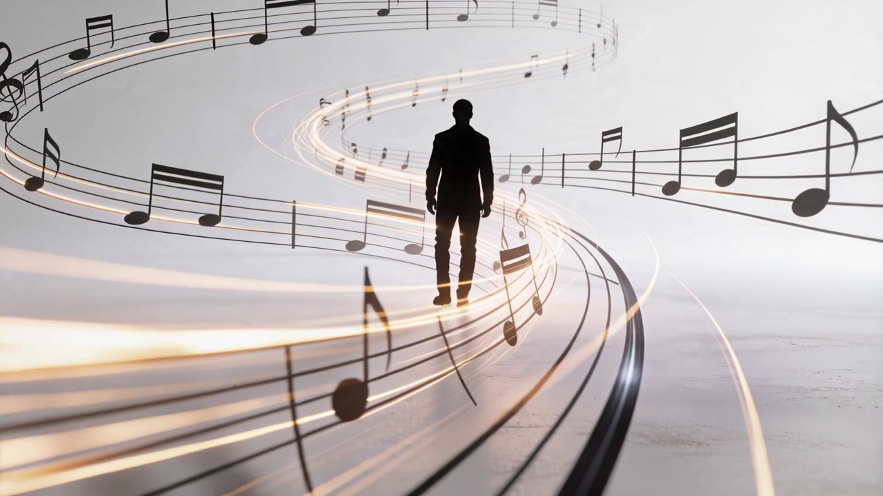 Walking man in suit silhouette following curving musical staff in pale studio, treble clef guiding