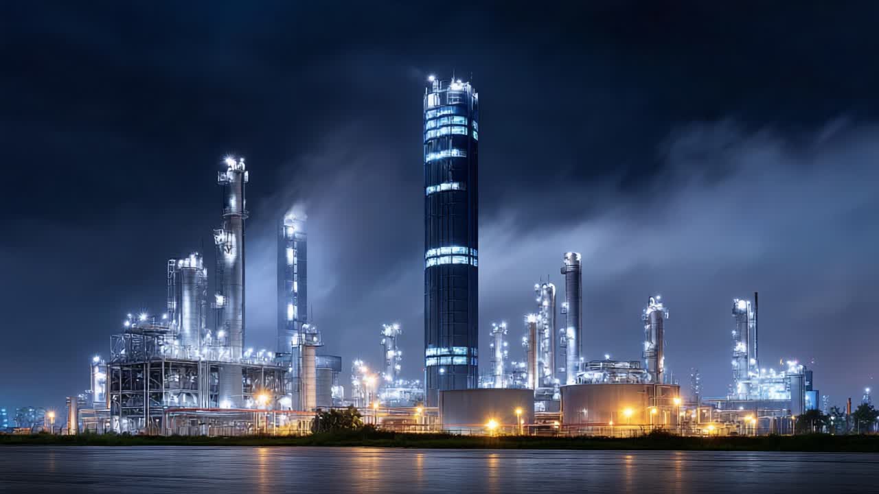 Illuminated Industrial Complex at Night: A Captivating View of Oil Refinery Facilities with Gleaming Towers and Bright Exteriors, Creating an Enigmatic Atmosphere