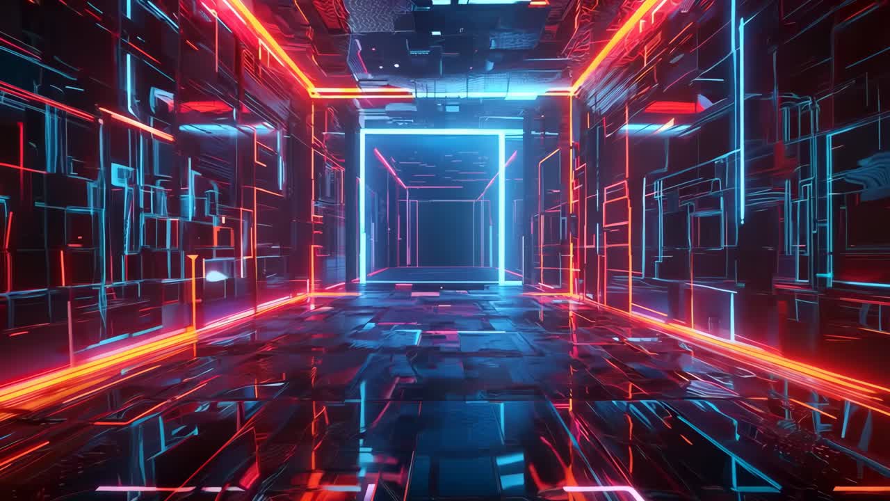 A dark room with neon lights in the middle of it