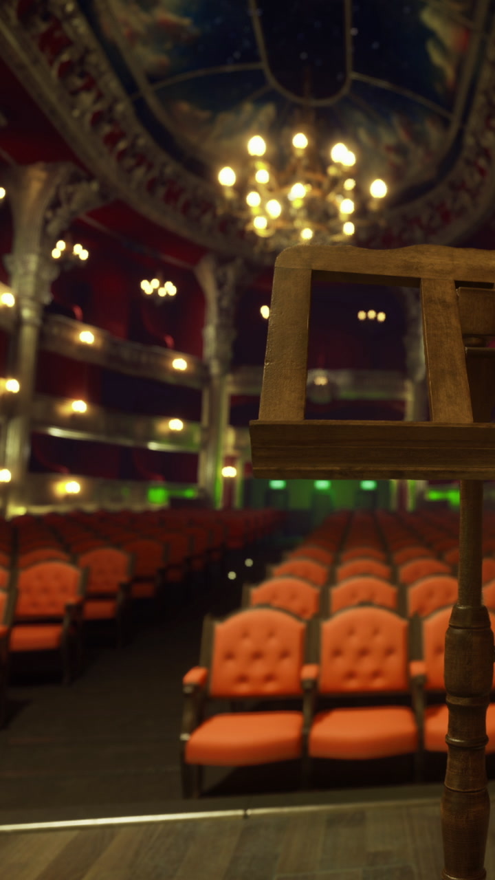 Stage setup in a theater with empty seats and a music stand