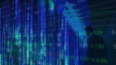 animation of data processing and binary coding over caucasian businessman and computer servers