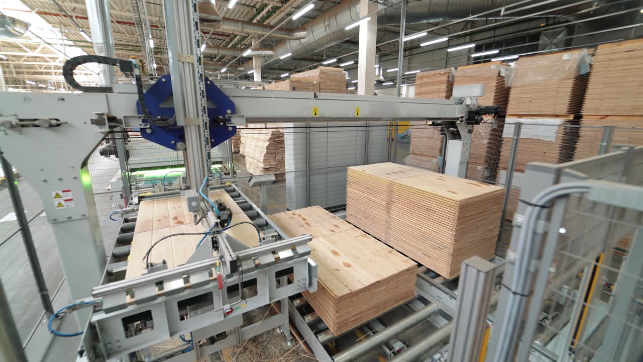 Manufacture of flooring, parquet processing. Modern factory equipment. Robots working at industrial factory.