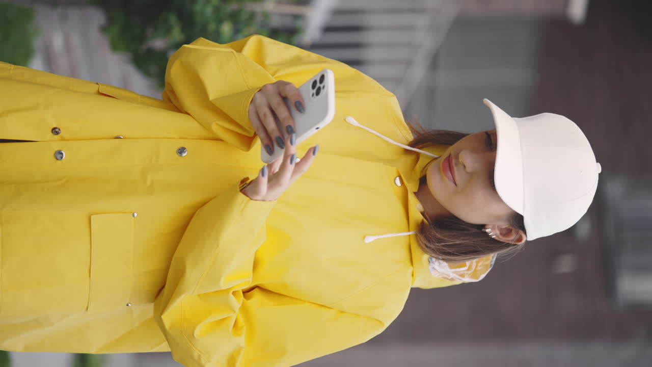 Woman in Yellow Raincoat Using Smartphone