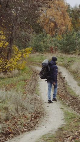 man walking on nature. hikers trekking in beautiful yellow autumn fields and forest