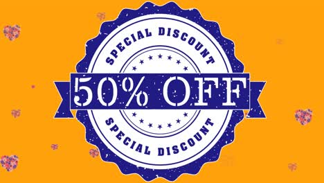 Animation of 50 percent off sale text over flowers moving in hypnotic motion