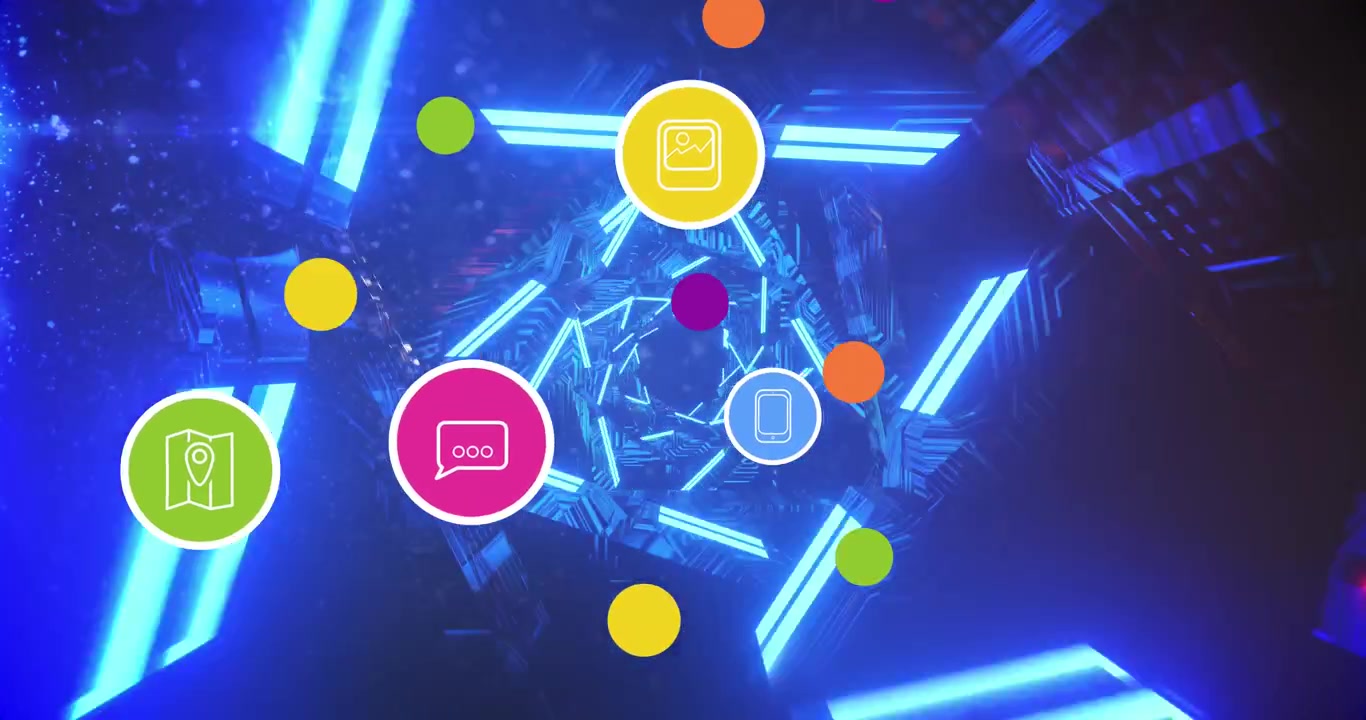 Animation of social media reactions over tunnel made of moving neon lights