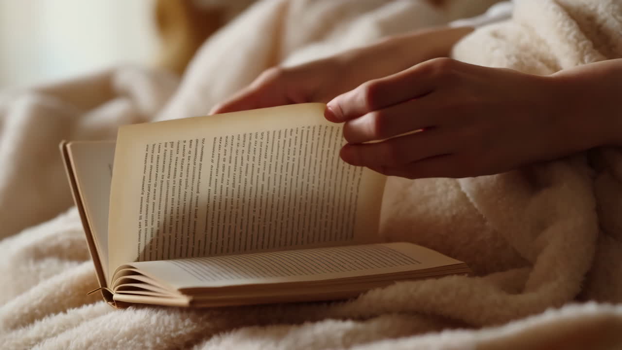 Hands turning pages of a book on a cozy blanket