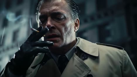a reflective moment: a man in a trench coat stands under the rain with a somber expression, deep in thought, amidst the gloomy city backdrop