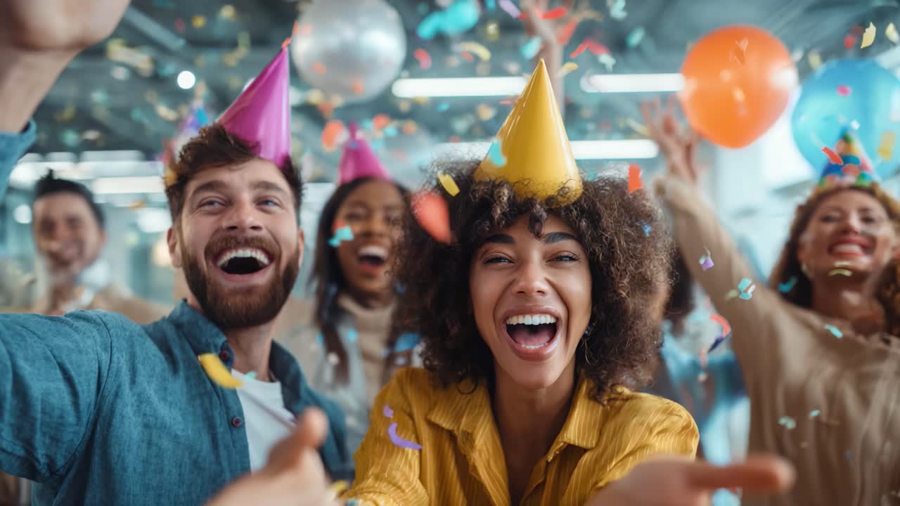 Festosa celebrazione: un vivace raduno di amici che condividono risate, felicità e divertimento con cappellini da festa, coriandoli, palloncini e ricordi indimenticabili in un'atmosfera festiva.