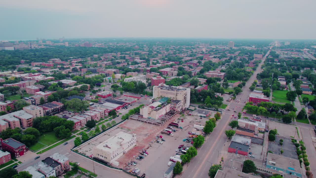 forward aerial of a dangerous place with high crime rate. South Side Chicago Aerial. Washington Park area. Summer Illinois America