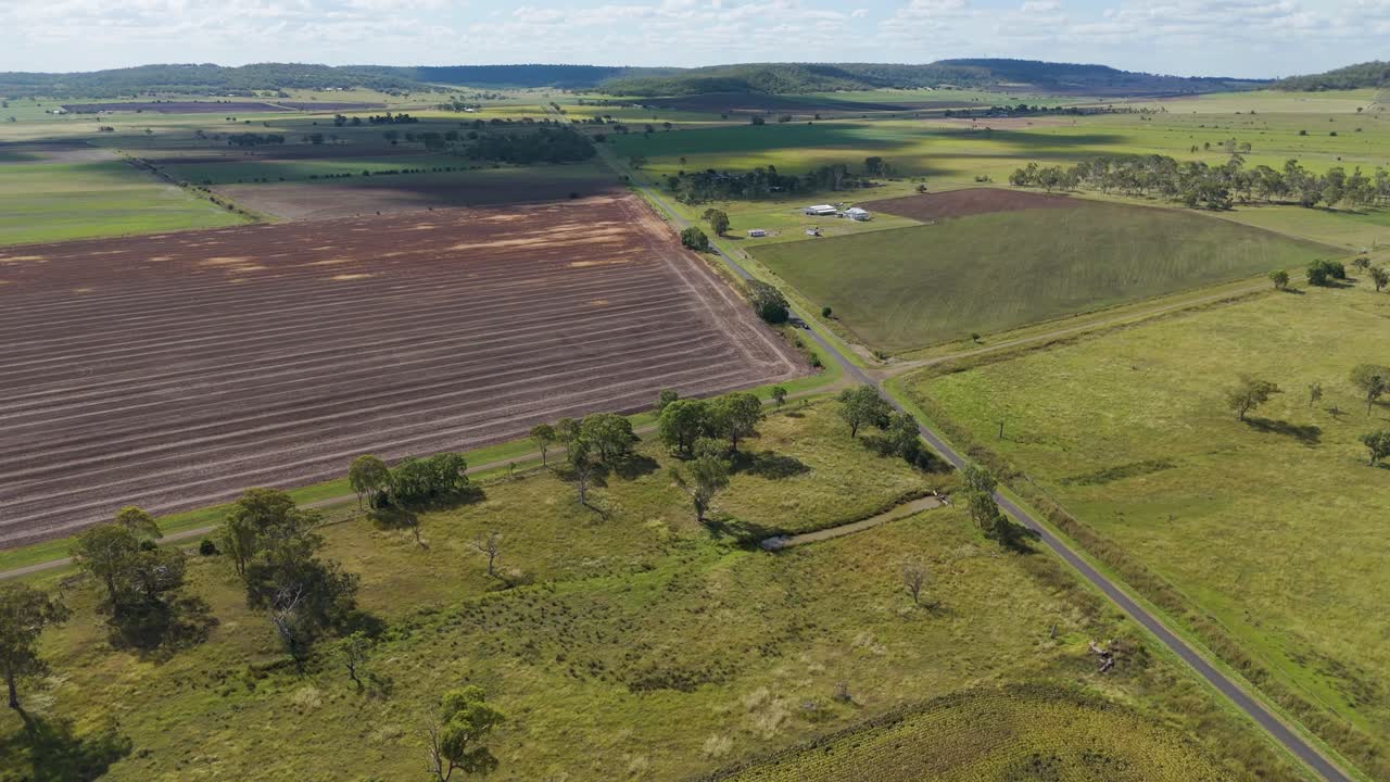 Aerial view of fields and road in Queensland