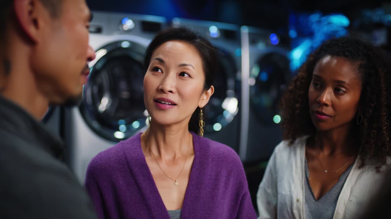 A tense and engaging conversation unfolds between three individuals in a laundromat setting, where emotions run high and the dynamics of communication are evident amidst the backdrop of modern washing machines