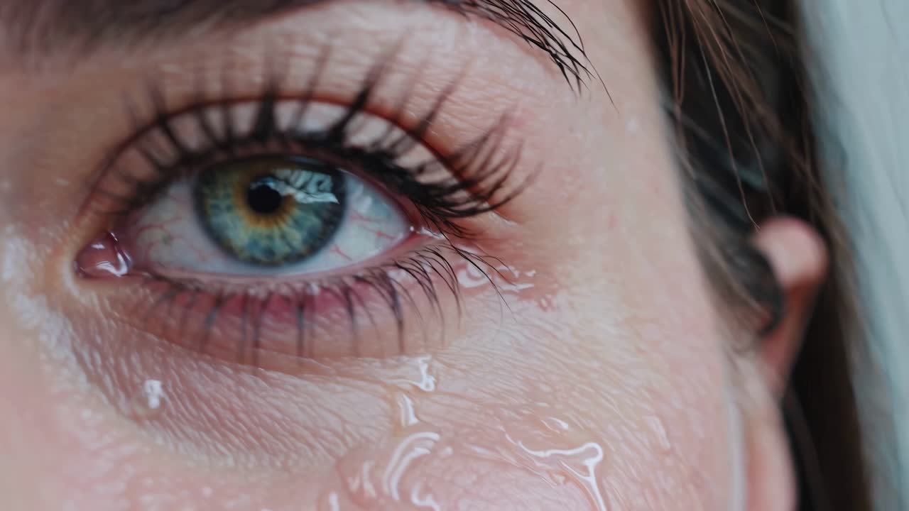 An incredibly emotional moment is beautifully captured as tears gently flow from a woman's eye, illuminated by soft, natural light