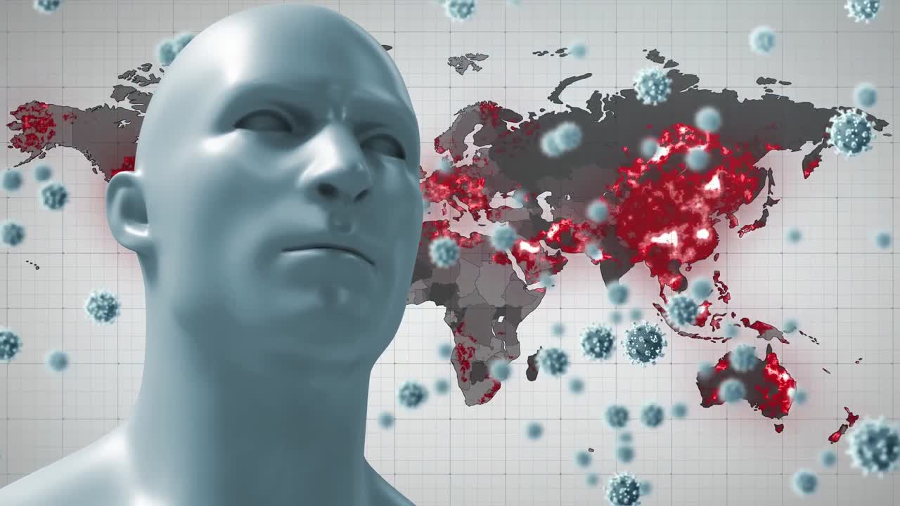 불타는 세계 지도 위에 떠다니는 바이러스 세포 위의 인간 얼굴의 애니메이션