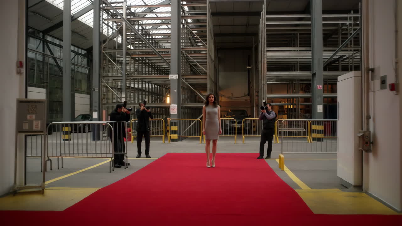 Woman on Red Carpet Posing for Photographers in Industrial Venue