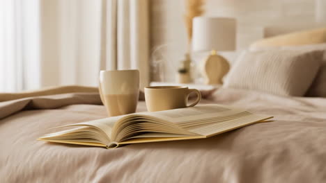cozy bedroom with book and coffee