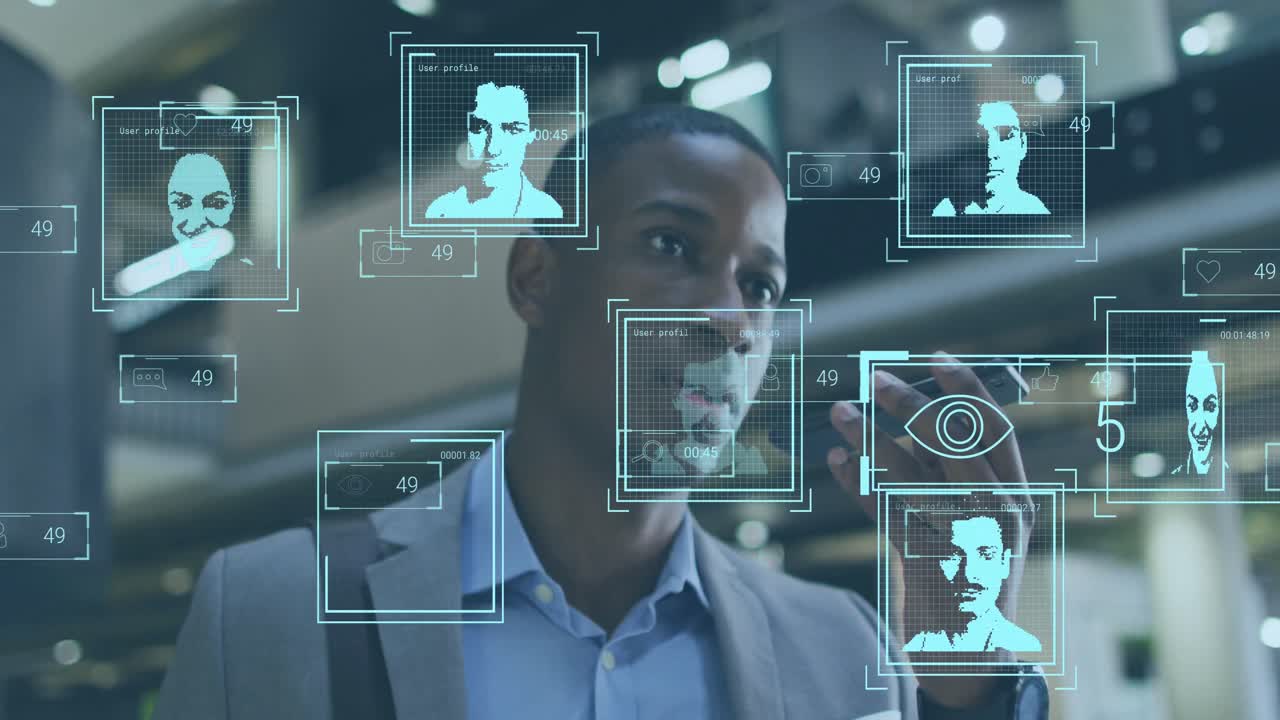 animación de números cambiantes, iconos y fotos de perfil, hombre afroamericano hablando en teléfono móvil