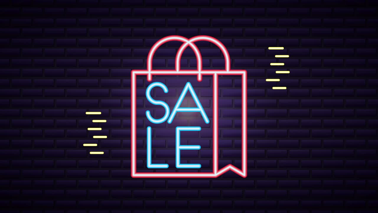 쇼핑 가방과 함께 상업용 네온 라이트 라벨