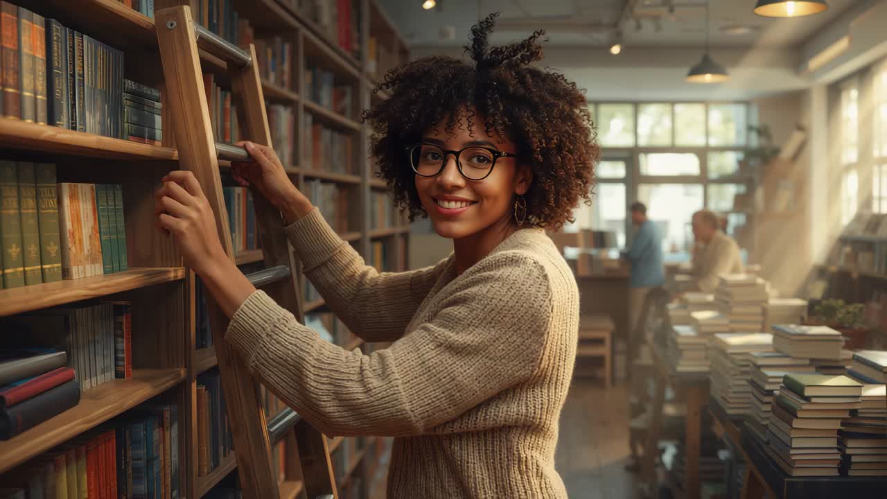 Searching for book, woman steadying ladder, reaching shelf in library in beige sweater and glasses