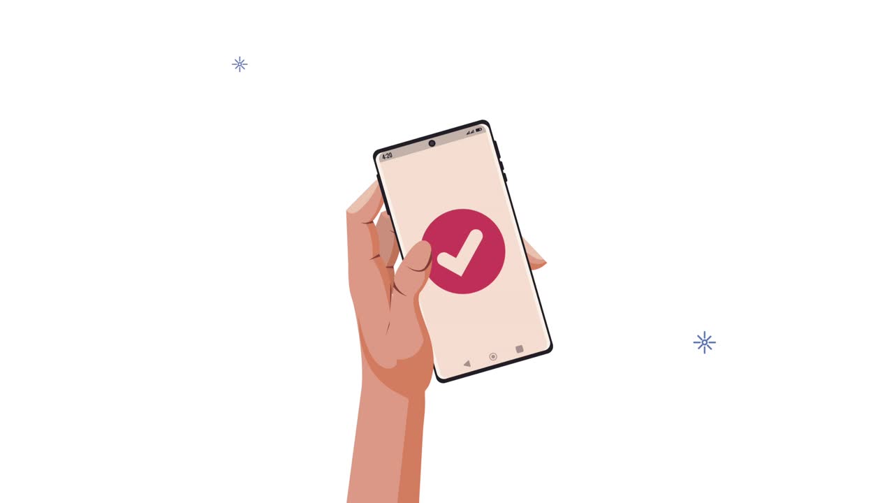 teléfono inteligente en la mano con marca de comprobación de confirmación