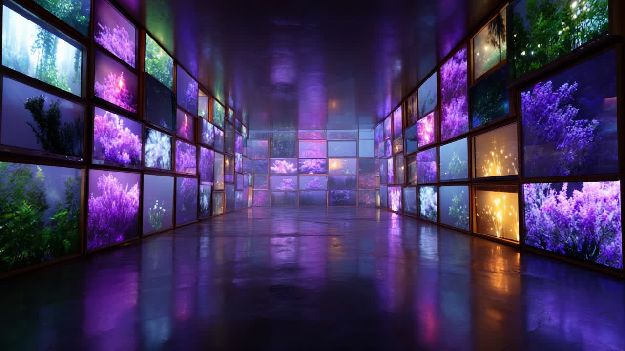 A Stunning Visual Symphony: An Immersive Gallery of Vibrant Floral Displays and Digital Art, Showcasing an Array of Colorful Illuminations and Organic Patterns in a Contemporary Environment