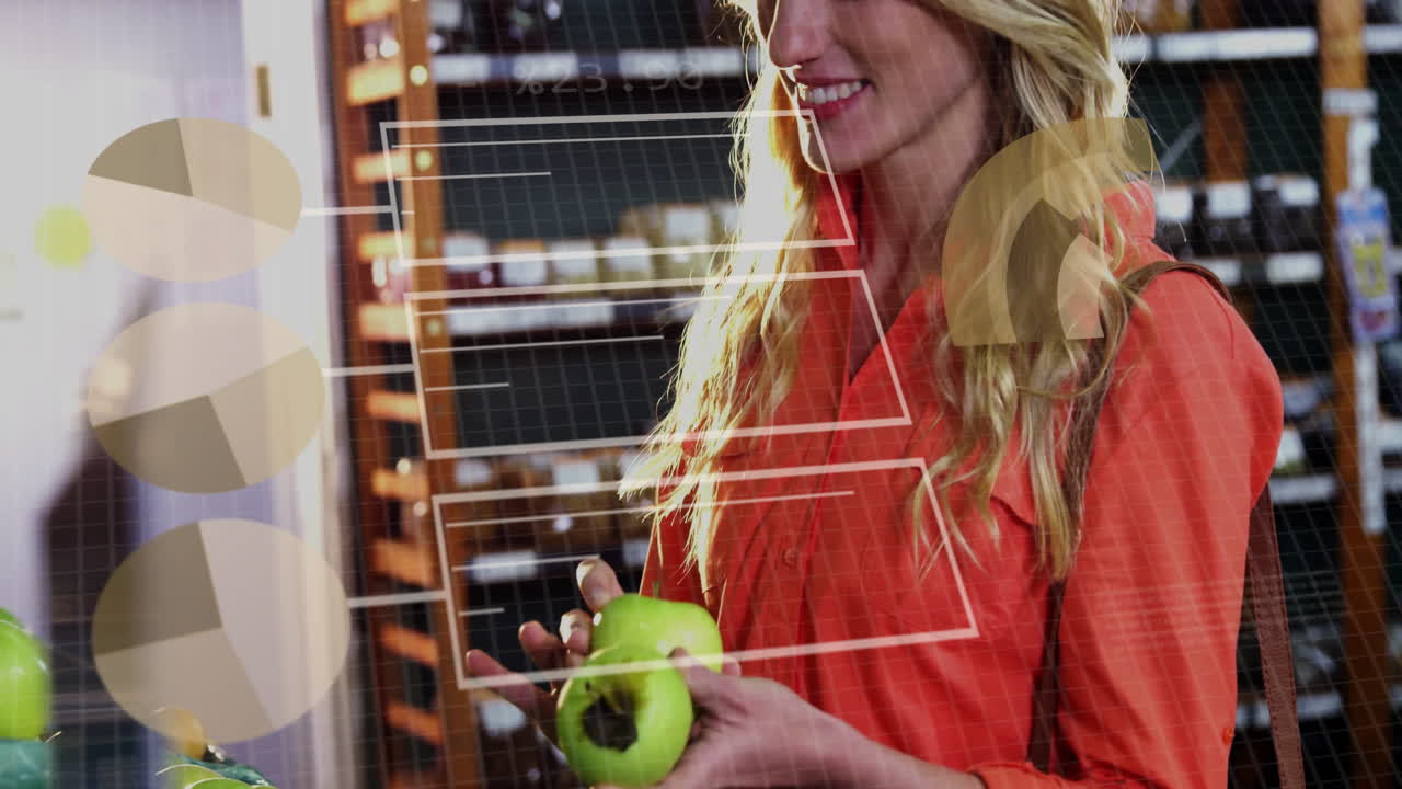 채소를 채취하는 백인 여성에 대한 데이터 처리 및 다이어그램의 애니메이션